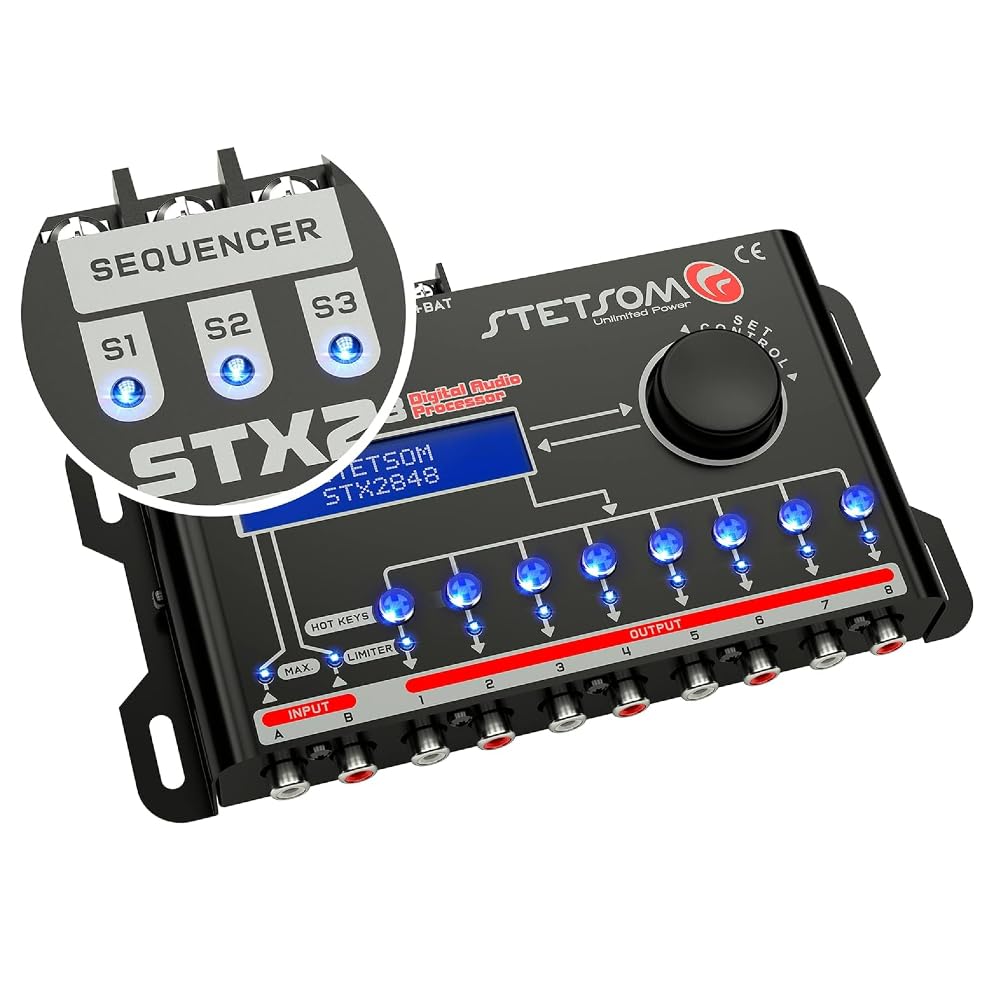 1 Stetson STX2848 procesador de Audio Digital de 8 Canales, Pantalla LCD, 2 entradas de Audio, 8 Salidas Independientes, para Auto Coche, 1 Pieza