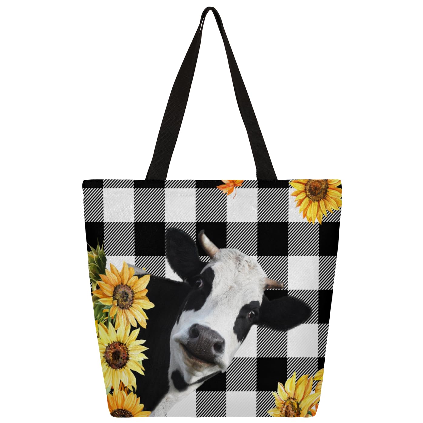 Mularoka Grid Cow Sunflowers Large Capacity Canvas Tote Bag Stylish Handheld Shoulder Bag Reusable Shopping Bag for Work Travel Beach Trips Shopping