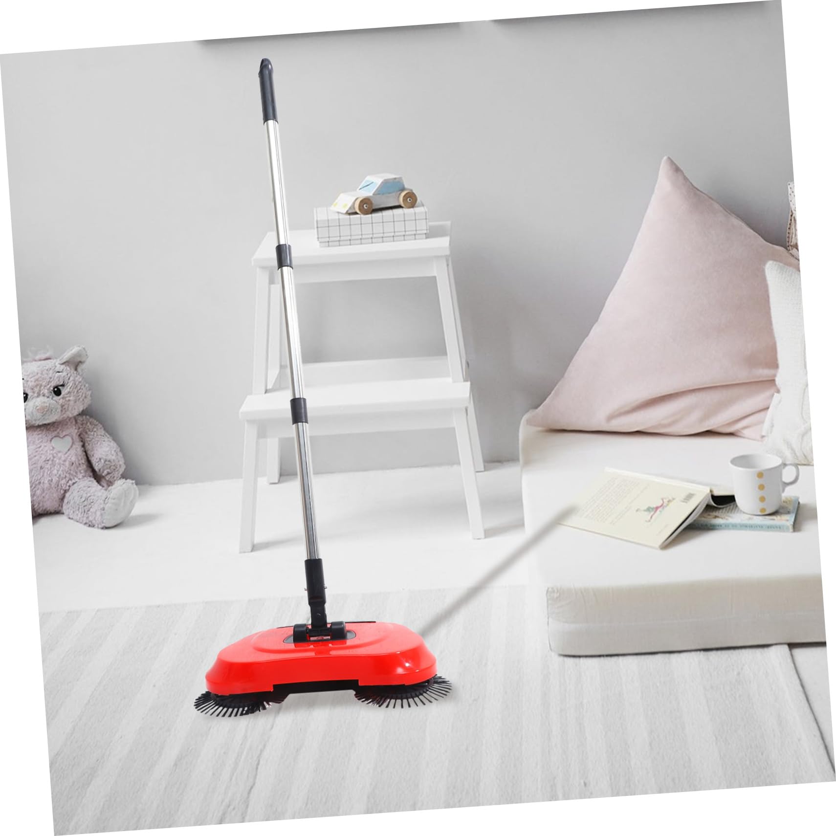 Barredora Manual con Cubo de Basura y Mop Rotativo Escoba para Limpieza de de Abs y Acero Inoxidable Ajustable y Rotativa para Pisos Duros Rojo
