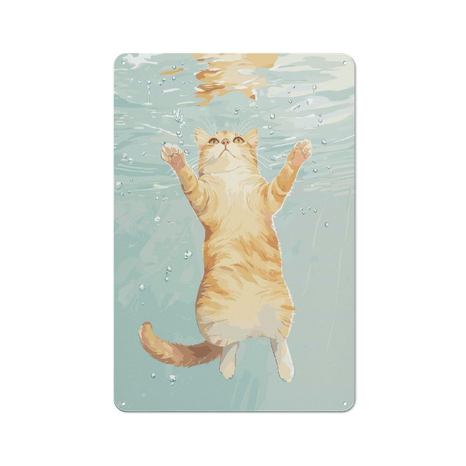 Junmoney Style-10 Cat Swimming Underwater Illustration Rustic Metal Sign 30X20cm For Garden Room Or Summerhouse, For Summerhouse Decorators