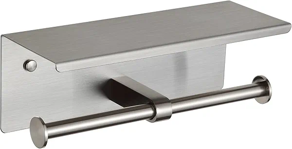 BGL Toilet Paper Holder with Shelf Brushed Nickel Double Head Toilet Tissue Roll Holder 304 Stainless Steel Wall Mount for Bathroom