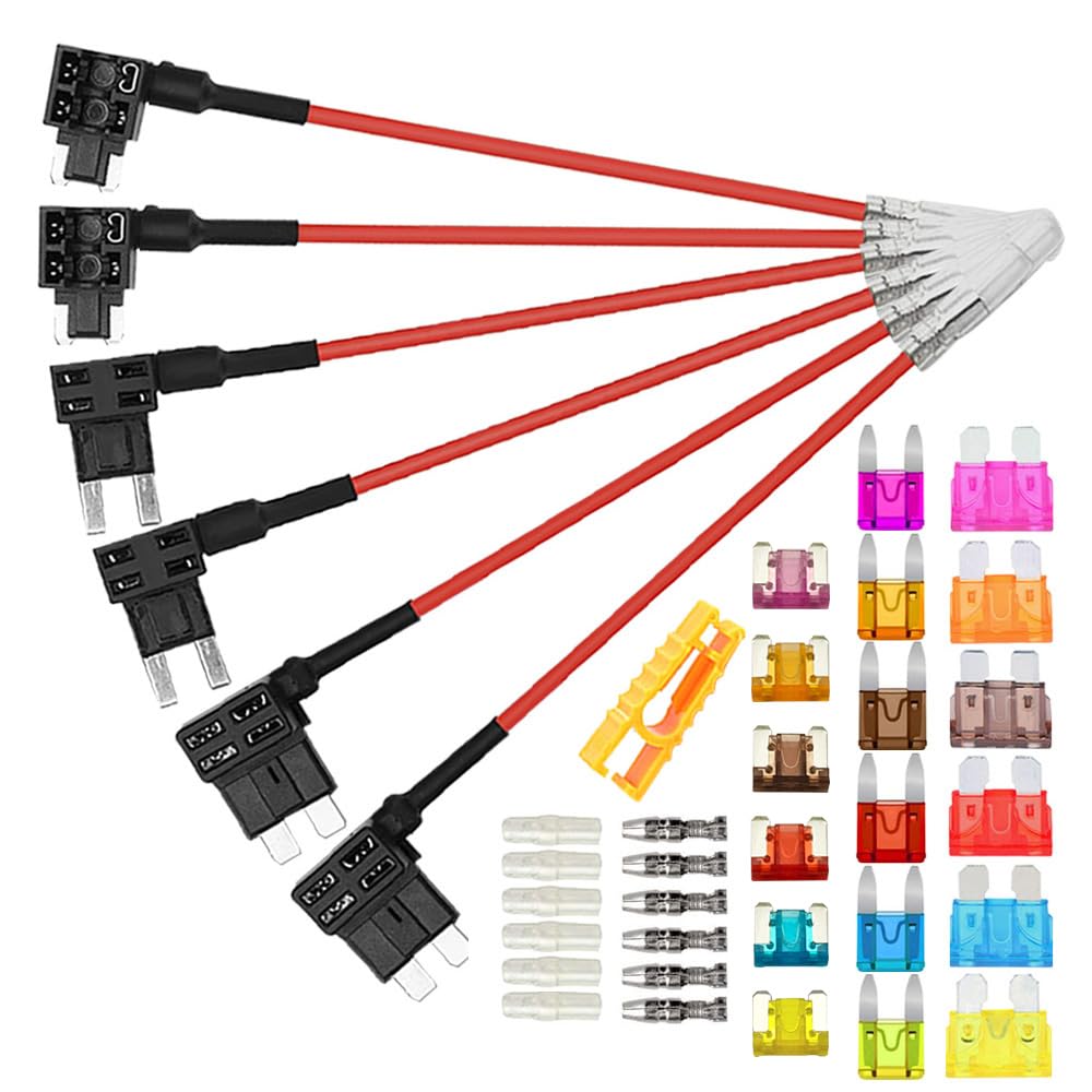 6 Sztuk 12V / 24V Zestaw Uchwyt Bezpiecznika, Kran Bezpiecznika Samochodowego z Przewodem 16 AWG, Bezpłatne 18 Sztuk Płaskich Bezpieczników i Ściągacz Bezpieczników (Terminal Tyłkowy)