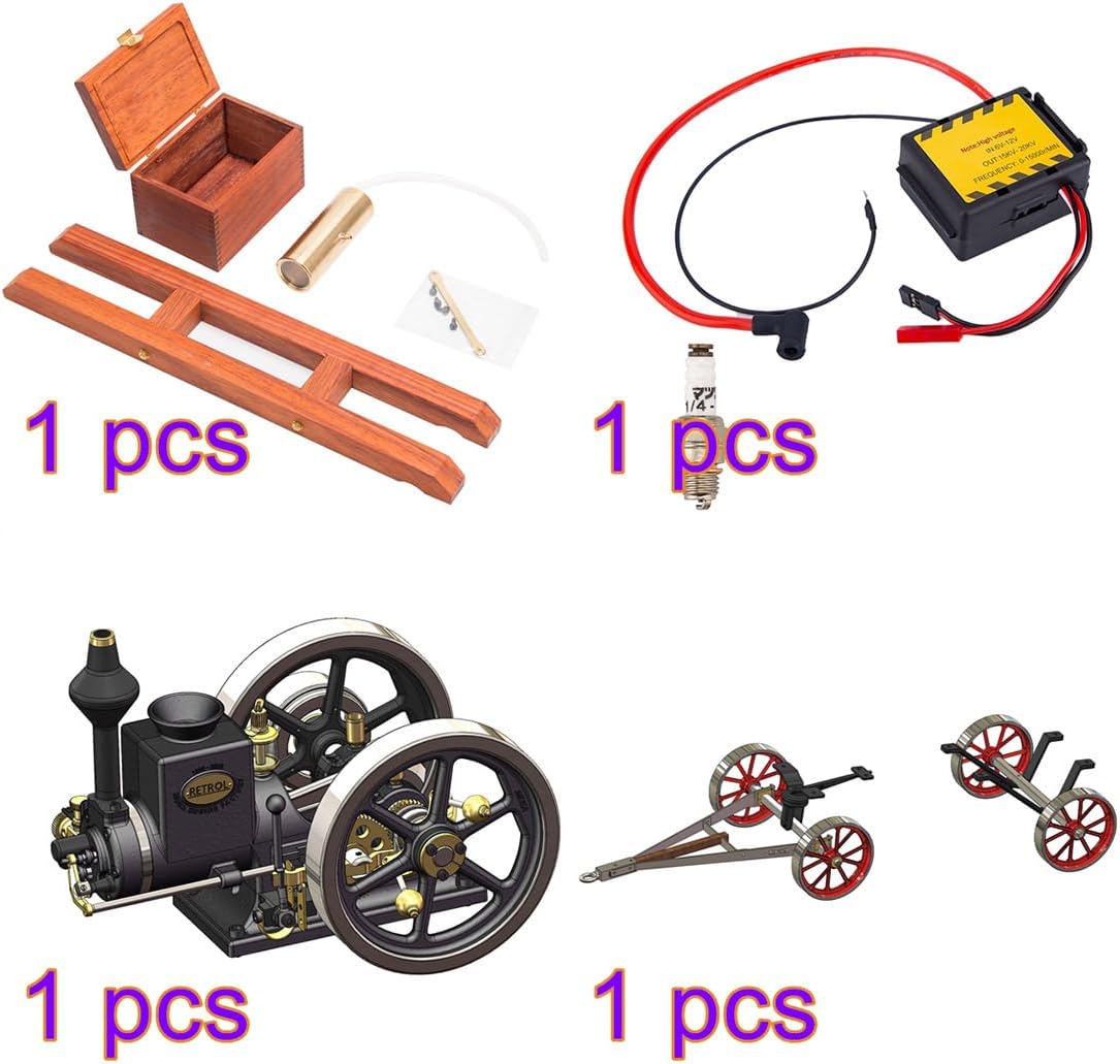 Retrol Engine HM-01 Engine Model Kit, Hit and Miss Engine Kit with High-Low Speed Gear Lever/Flatbed Transport Cart/Accessory Triad/CDI Igniter/Spark Plug, Ornament Gift -KIT