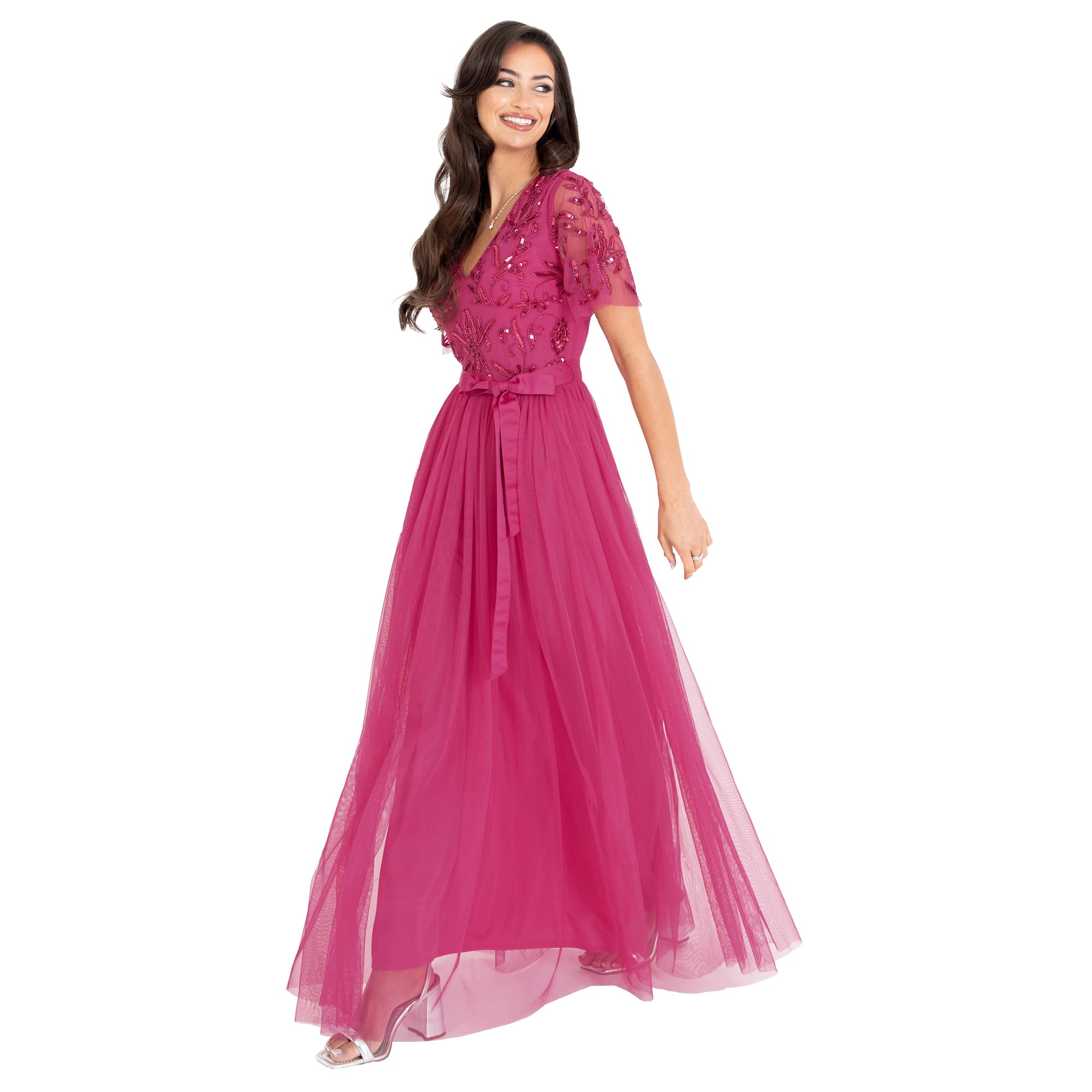 Maya Deluxe Womens Maxi Dress Ladies Ball Gown for Wedding Guest Embellished Tie Waist V Neck Bridesmaid Prom Evening Occasion Vestito Donna