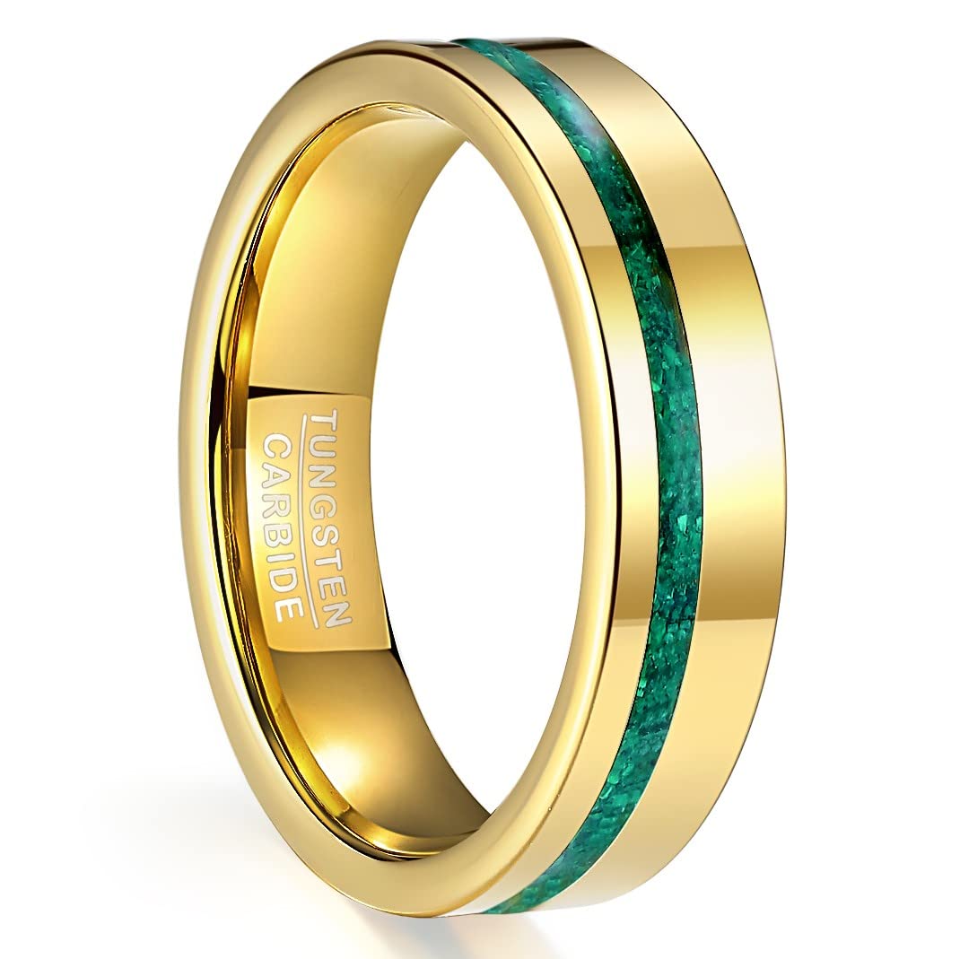 NUNCADAnillo Hombres Mujeres Carburo de Tungsteno Dorado con Ópalo Sintético Verde/Malaquita Anillo de 6 mm para Alianza Boda Compromiso Diarios y Moda Tamaños (11.75-27.25)