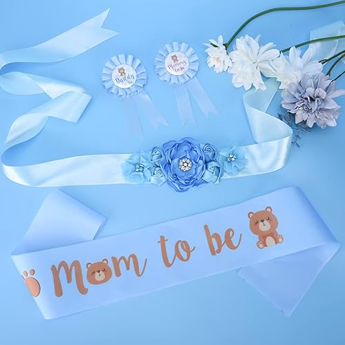 Miniatura 3 de XINRUI Kit de banda para baby shower, pin de ramillete de papá para maternidad, banda de cinturón de maternidad, oso de peluche, banda de cinturón