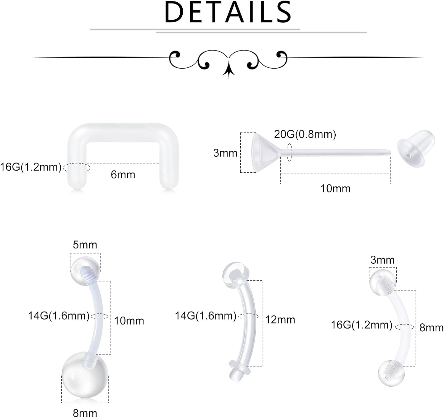 18G 20G Clear Bioflex Bone Pin Nose Ring Stud Retainer Body Jewelry Piercing Top Flat 2mm for Women Men