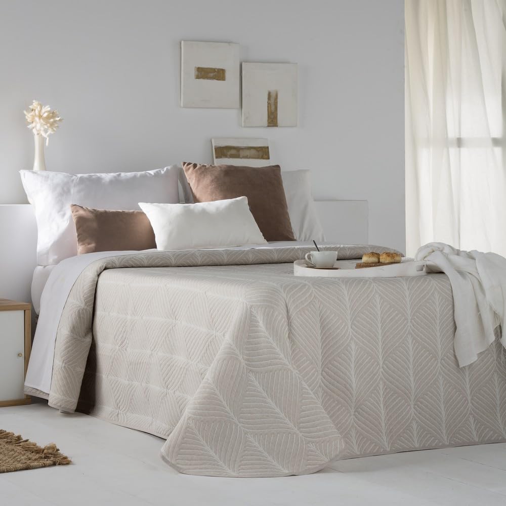 ETHERE MAISON Colcha Jacquard Reversible algodón Nivara Begie (Cama 180 cm. - 270x270 cm.)