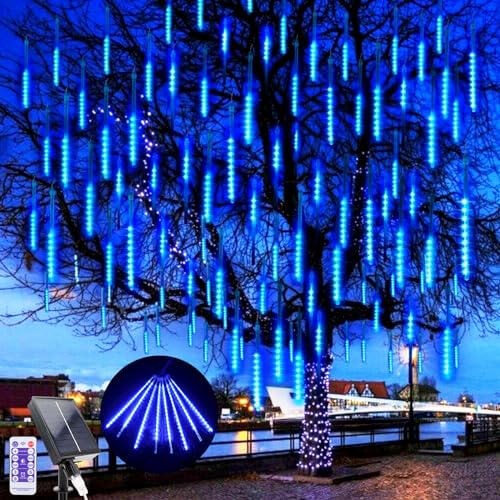 LED Solares Luces de Navidad, 240 LEDs Lluvia de Meteoritos Cadena de Luces, 10 Tubos 30CM Impermeable Luces lluvia de meteoritos de Navidad exterior para árbol de Navidad Fiesta Bodas (Azul)