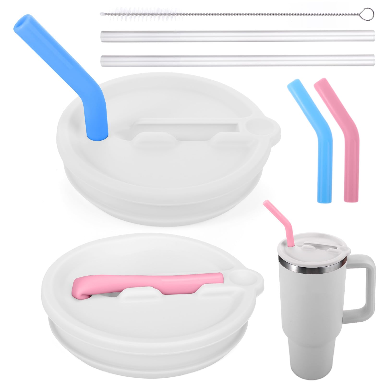 Mity rain 2PCS Silicone Tumbler Flip Straw Lid for Stanley Cup 40OZ, Spill Proof Lid Compatible with Stanley Quencher Flip Straw Lids for Replacement (White)