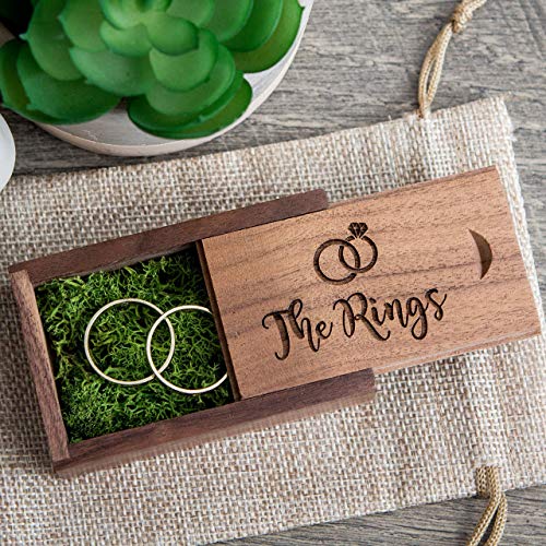 The Rings - Walnut Wood Ring Box with green moss, Small Ring Bearer Box, Wedding Photo Prop