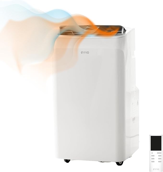 EVVO Aire Acondicionado Portatil Frío y Calor, Clase A, 12.000 BTU, Control Remoto y Temporizador 24h, 4 en 1, Deshumidificador, Ventilación, Hasta 26 m2. (Modelo: CLIMA P12 Frio y Calor)