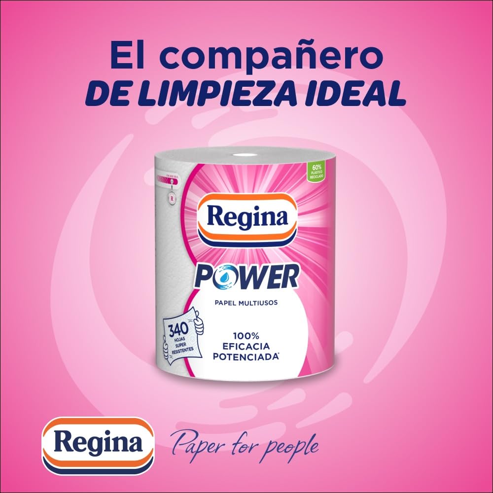 Regina Power Papel de Cocina - 1 Rollo Aún Más Largo, 340 Hojas de 2 Capas, Adecuado para Limpiar Superficies Domésticas, Embalaje Reciclable, Papel 100% Certificado FSC
