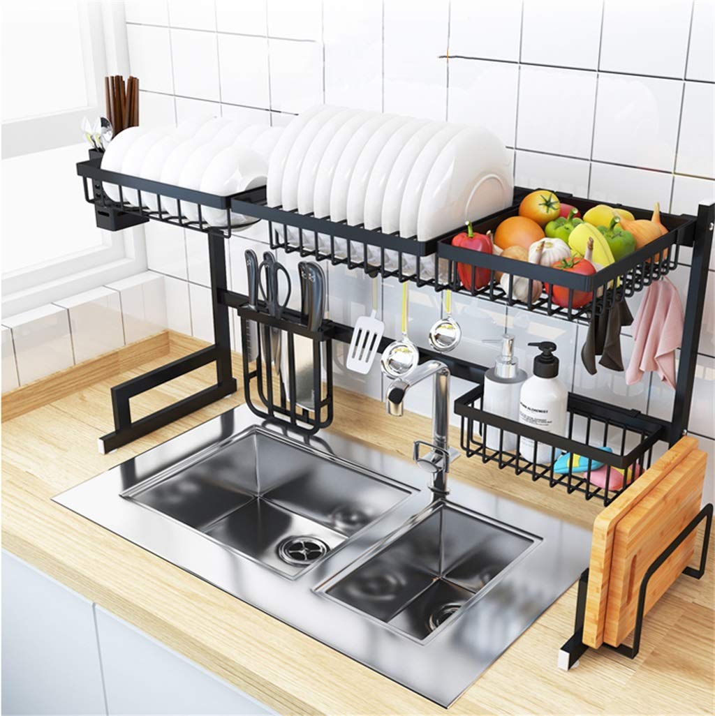 SaryEdge Stainless Steel Dish Rack, Space-Saving Kitchen Sink nizer, Adjustable Cutlery Holder, Dishwasher Safe, Countertop Drying Rack,E85x32x52cm,E85x32x52cm