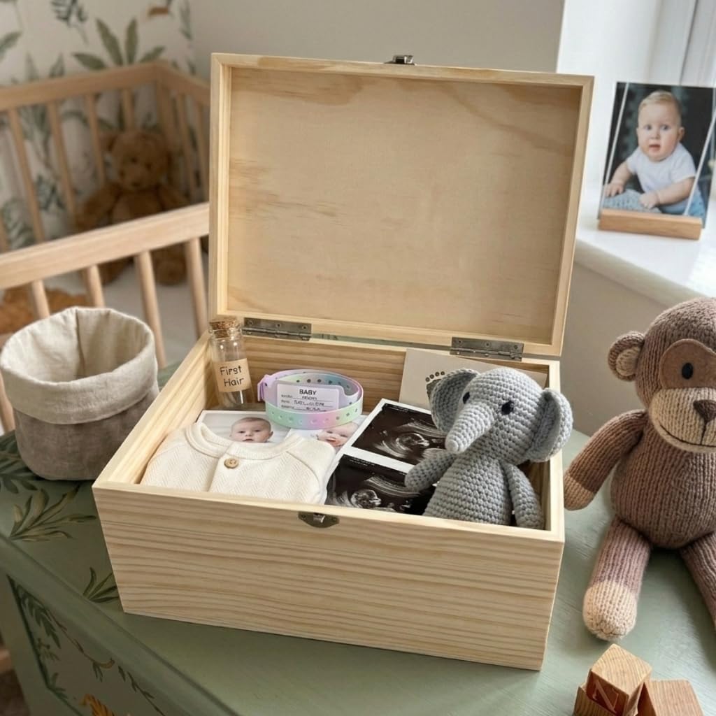 Scatola dei ricordi personalizzata con animali della giungla, scatola regalo First Memories per neonati, nome e data personalizzati, in legno di pino con cerniere e chiusura in metallo, 26 x 18,9 x