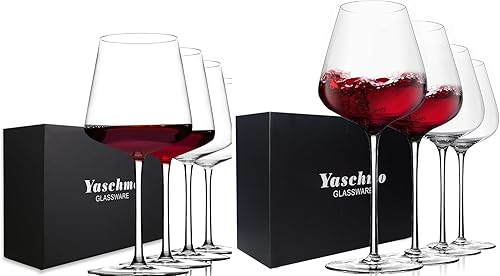 Yaschmo Juego de 4 copas de vino de cristal borgoña de 25 onzas, juego de 4 copas de vino Morden de 18 onzas, con tallo alto para vino tinto y