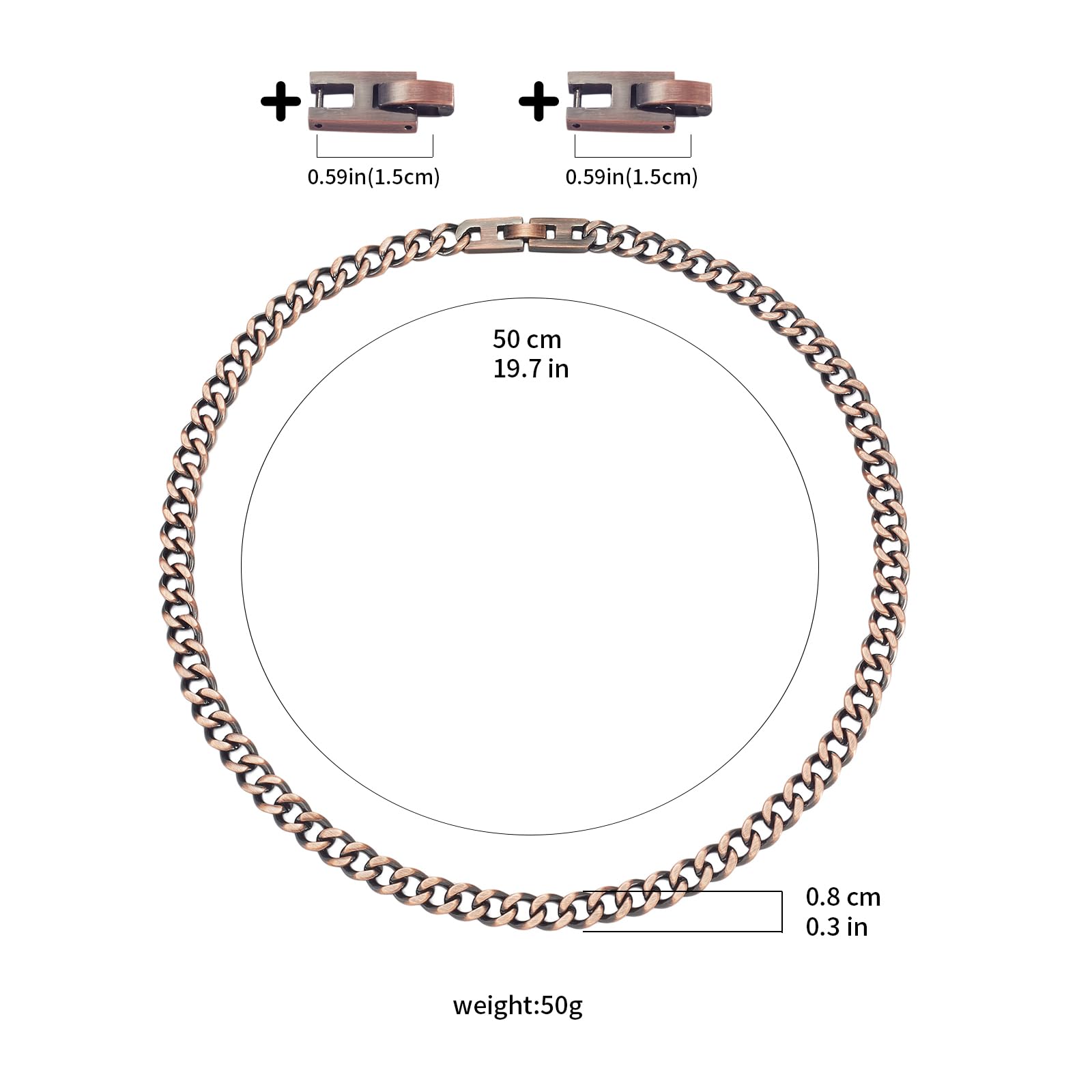 Collier en cuivre pur 99,9% pour homme et femme, chaîne en cuivre pur, bijoux réglables (50 cm)