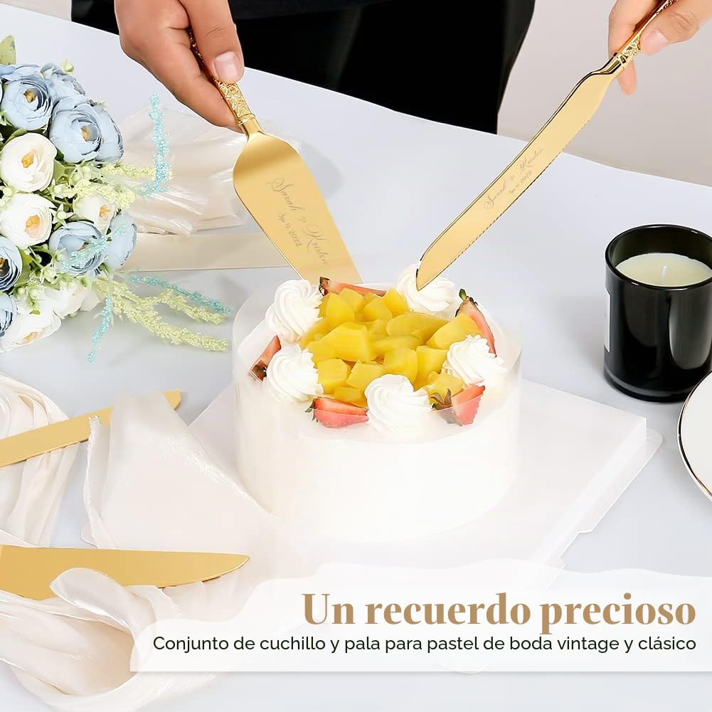 Juego de Cuchillo y Servidor para Pastel de Bodas de Oro, Personalizado Conjunto de Corte de Pastel, Juego de Cortador de Pastel para Servir, Perfecto para Cumpleaños, Navidad, Fiestas (Flor)