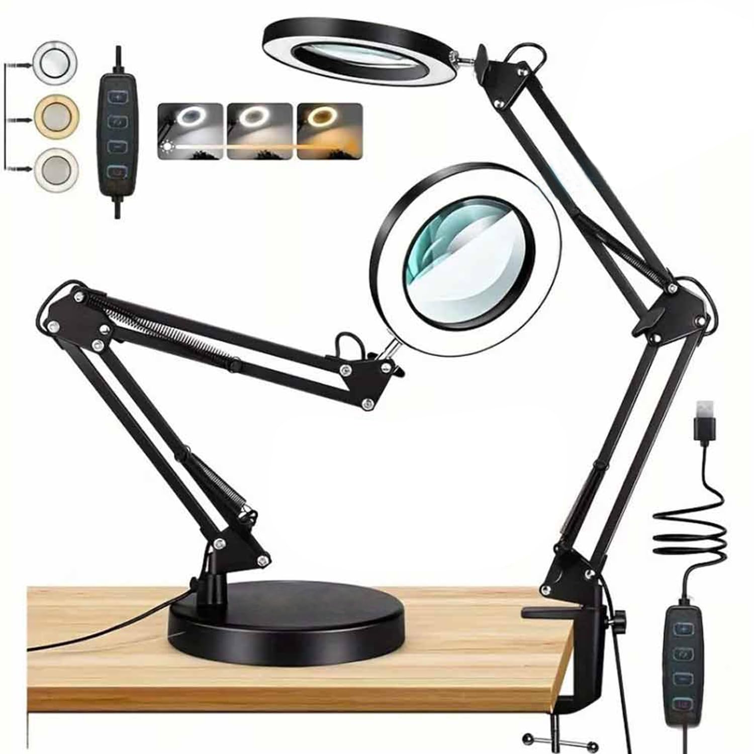 Gziztx 2-IN-1 Magnifying Glass with Light and Stand, 10X Magnifying Lamp with Large Base and Clamp, 3 Color Modes, 10 Brightness Levels, for Reading, Repairing Crafts