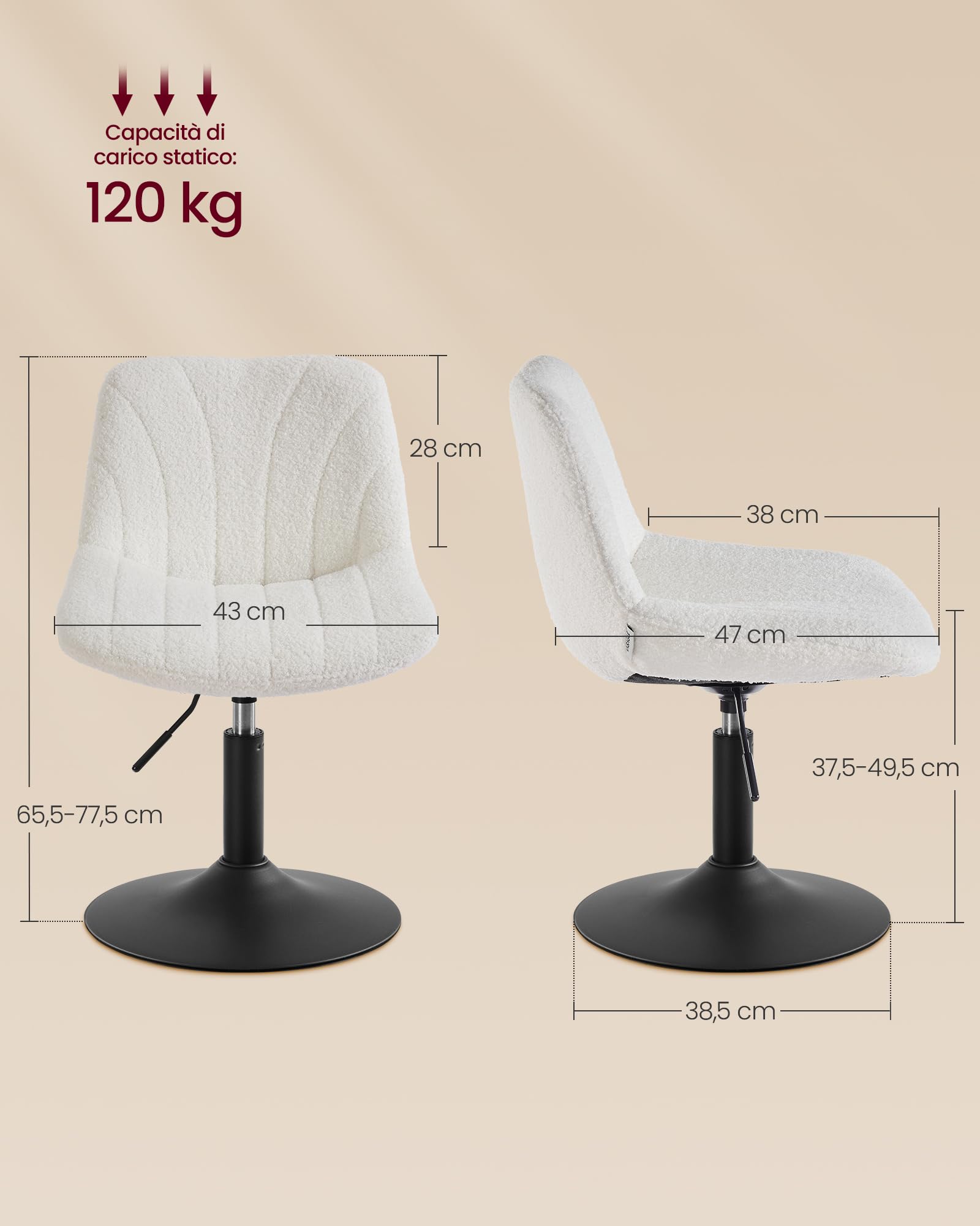 VASAGLE Taburete Tocador, con Respaldo, Silla de Tocador de Altura Regulable, Giro de 360°, para Dormitorio, Comedor, Tela de Felpa, Blanco Crema LJB160WD01