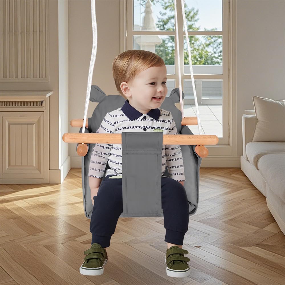 Homewell - Columpio interior para bebé y niños, asiento columpio de madera y algodón para bebé, columpio escandinavo para desarrollo vestibular, Baby Swing (gris oscuro)