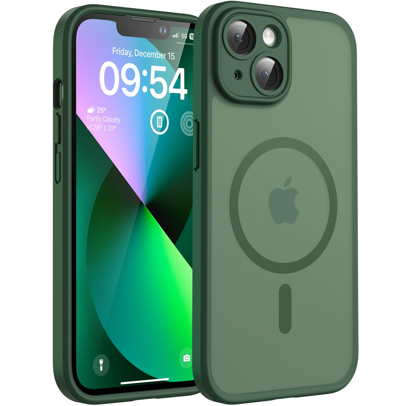 TOCOL Cover Magnetica per iPhone 13 6,1 Pollic, Compatibile con MagSafe, Protezione Fotocamera Integrata, Custodia Antiurto Traslucida Opaca, Verde Alpino