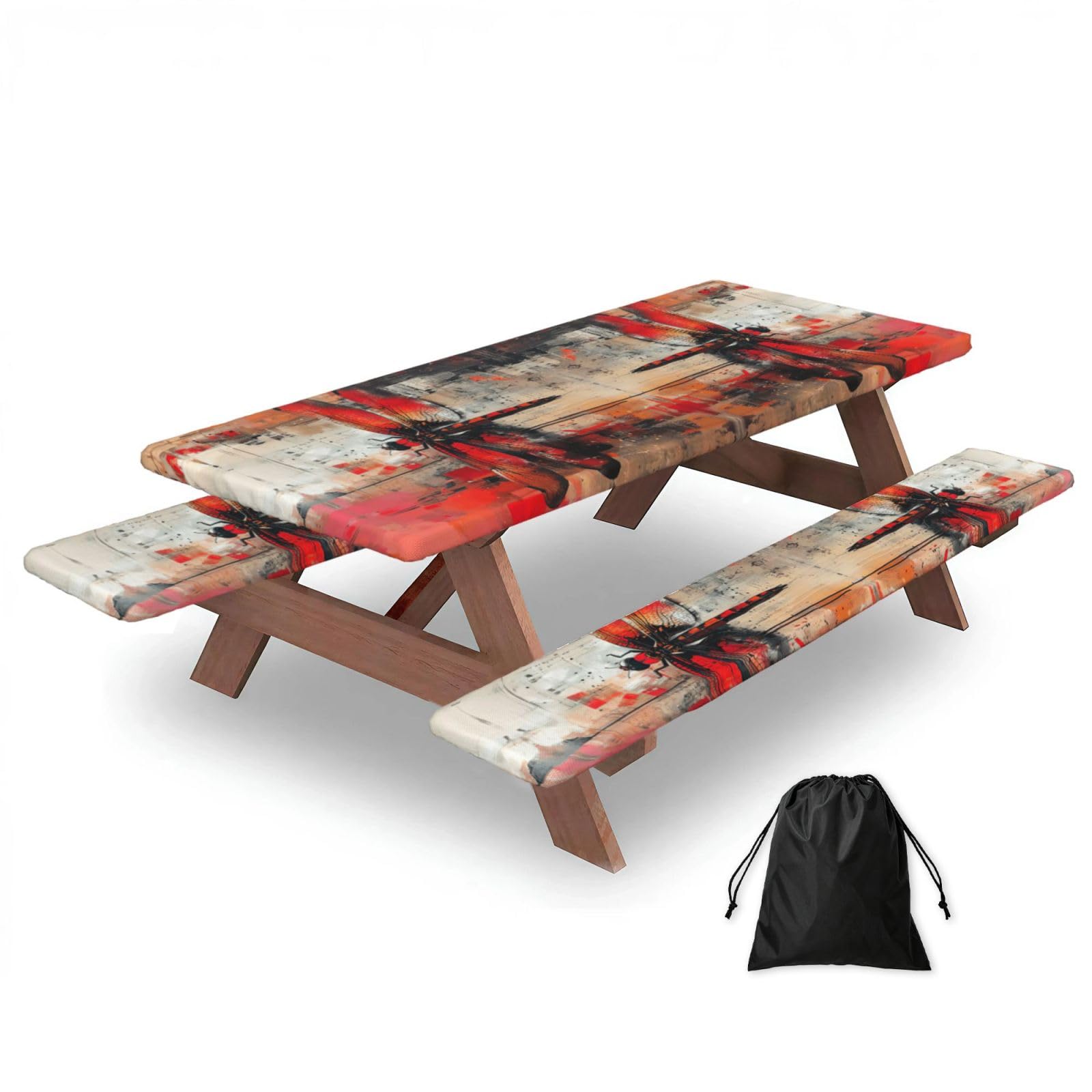 Zyjhyy Black Abstract Red Dragonfly Print 3 Pack Wipeable Picnic Bench Cover And Table Cover Lightweight Table Cloth For Camping Outdoor