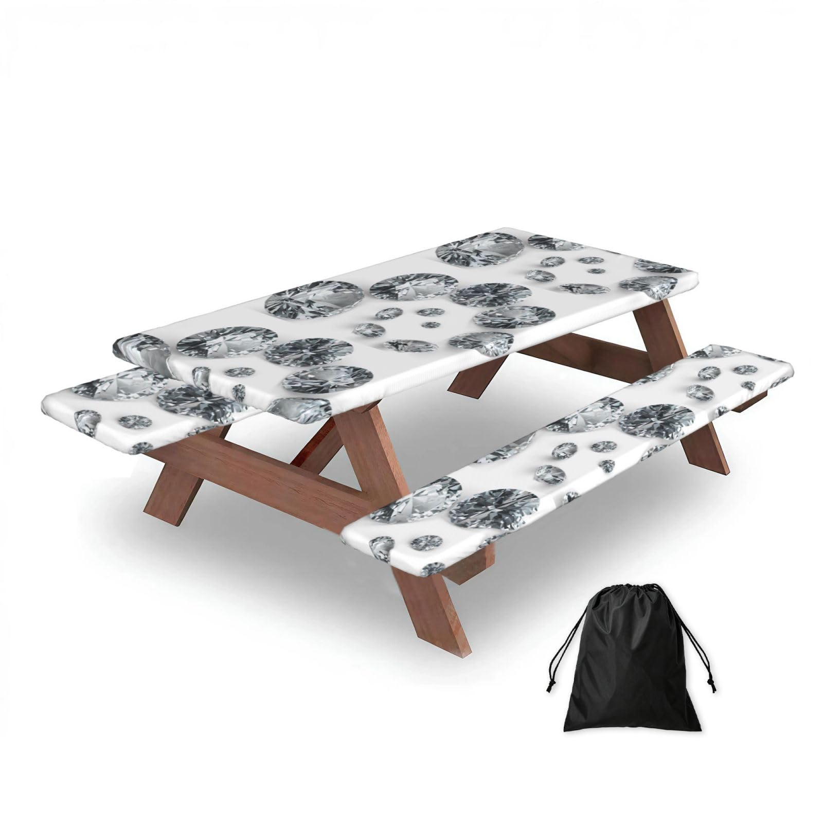 Dopklna As Picture Gems Diamond Jewelry Jewels Luxury Printed, Picnic Table Cover With Bench Covers -Waterproof Elastic Fitted Tablecloth For Garden Camping Patio 76X152cm