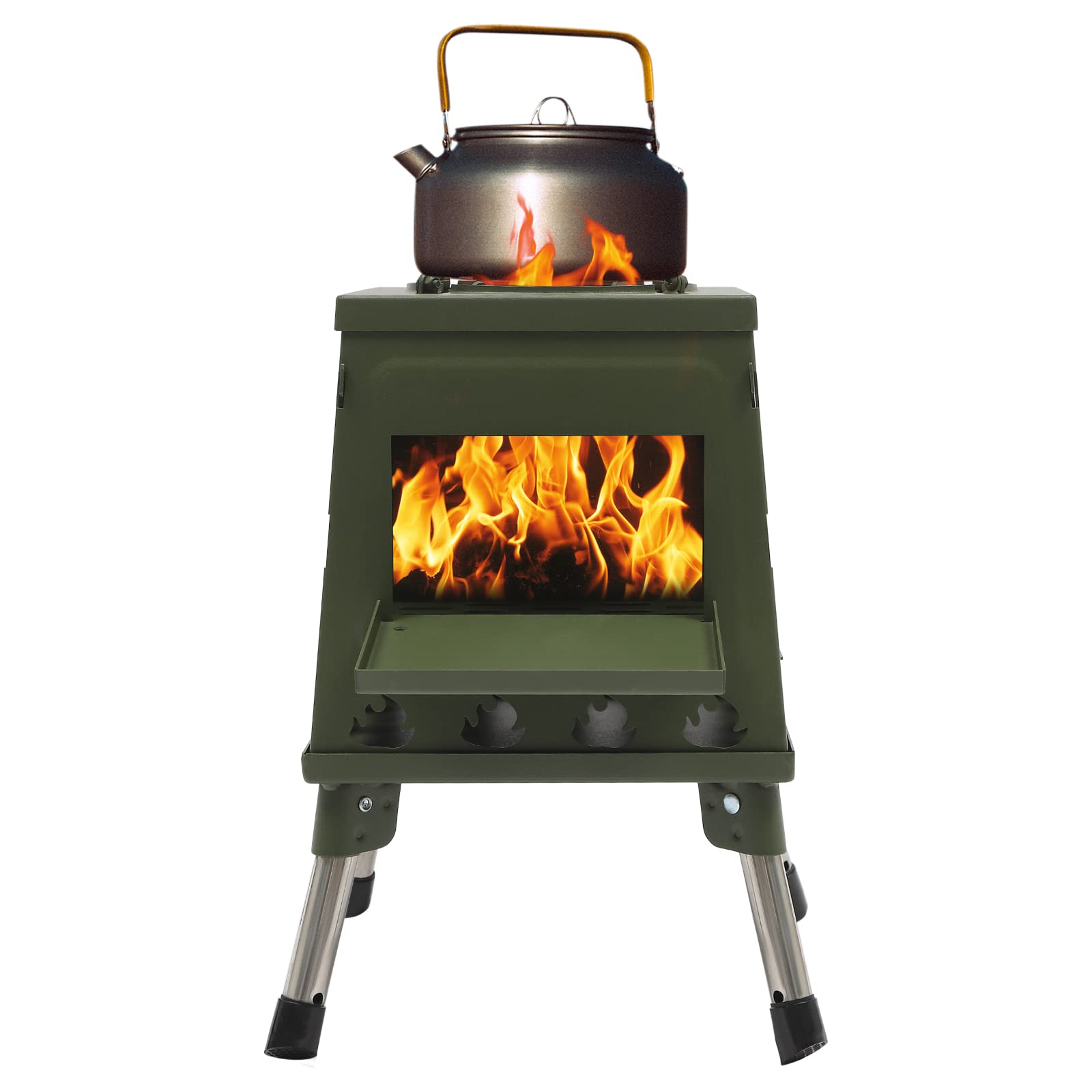 Outdoor Camping Holzofen, Zeltofen Outdoor-Küchenofen mit Verstellbarer Topfhalter, Campingzelt Kocher, Faltbarer Ofen Herd Heizung, Tragbarer Holzofen Gartenofen für 3-5 Personen (Grün)