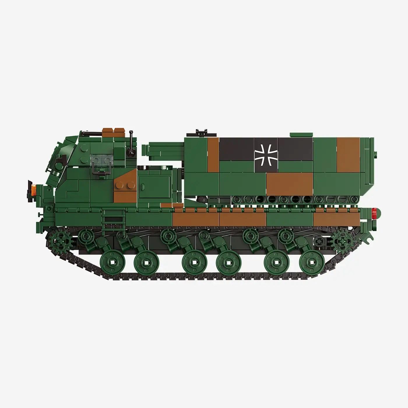 BlueBrixx Pro 109777 Mars II, Bundeswehr, 1226 Klemmbausteine | 379 x 125 x 149 mm, Ausklappbarer Werfer, vollgefedertes Fahrwerk, fahrbares Modell, Tarnoptik in Grün und Braun