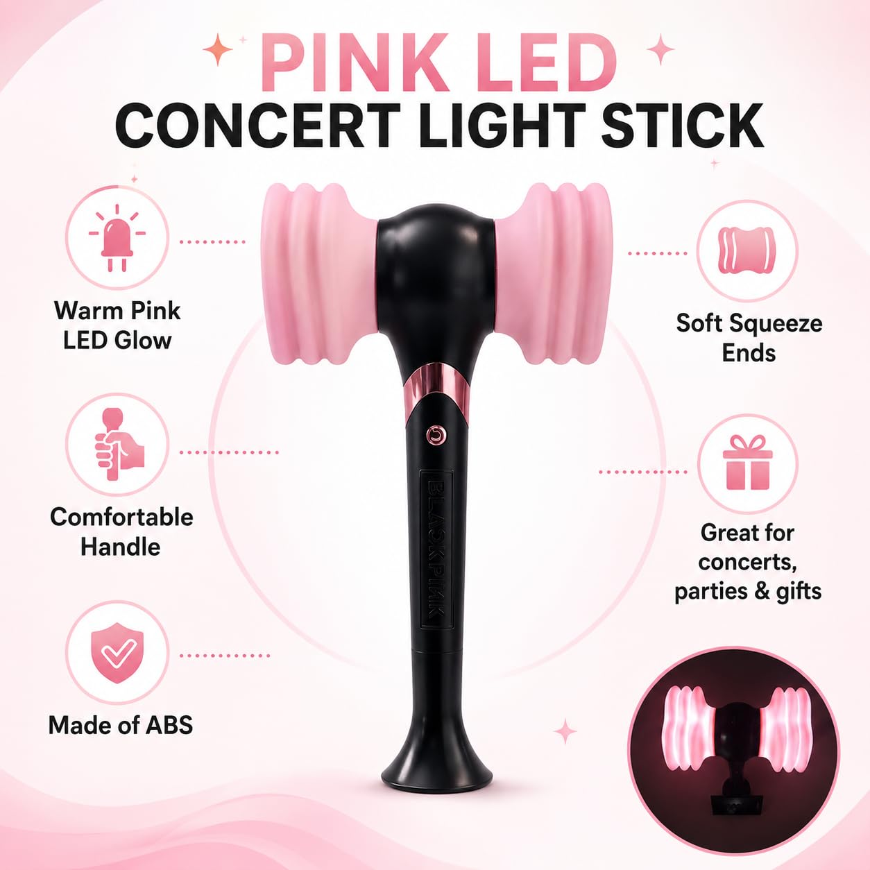 Bastone Luminoso LED Rosa, Forma Martello, 25,5 x 15,5 x 9 cm | Estremità morbide in silicone, manico ABS, richiede 2 pile AAA, foro cinturino, circa 148 g