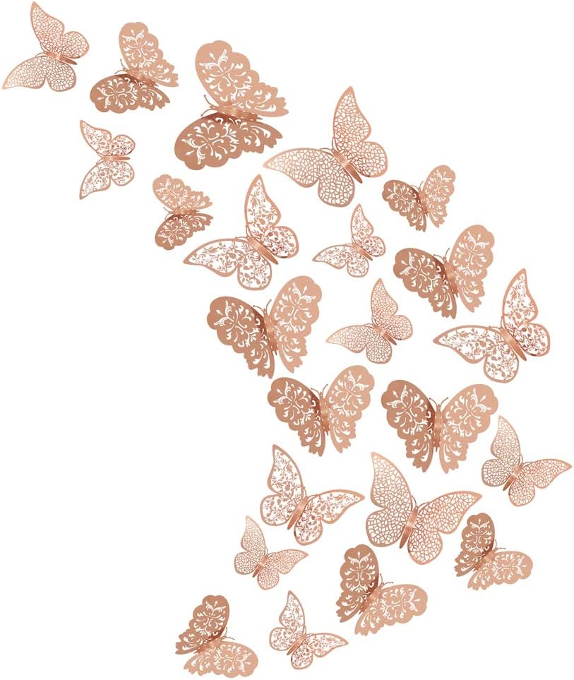 Xinzistar 36 Pcs 3D Butterfly Wall Stickers Metallic Hollow-Out Art Mural Sticker Removable Decorative DIY Wall Decals for Bedroom Living Room (Rose Gold)