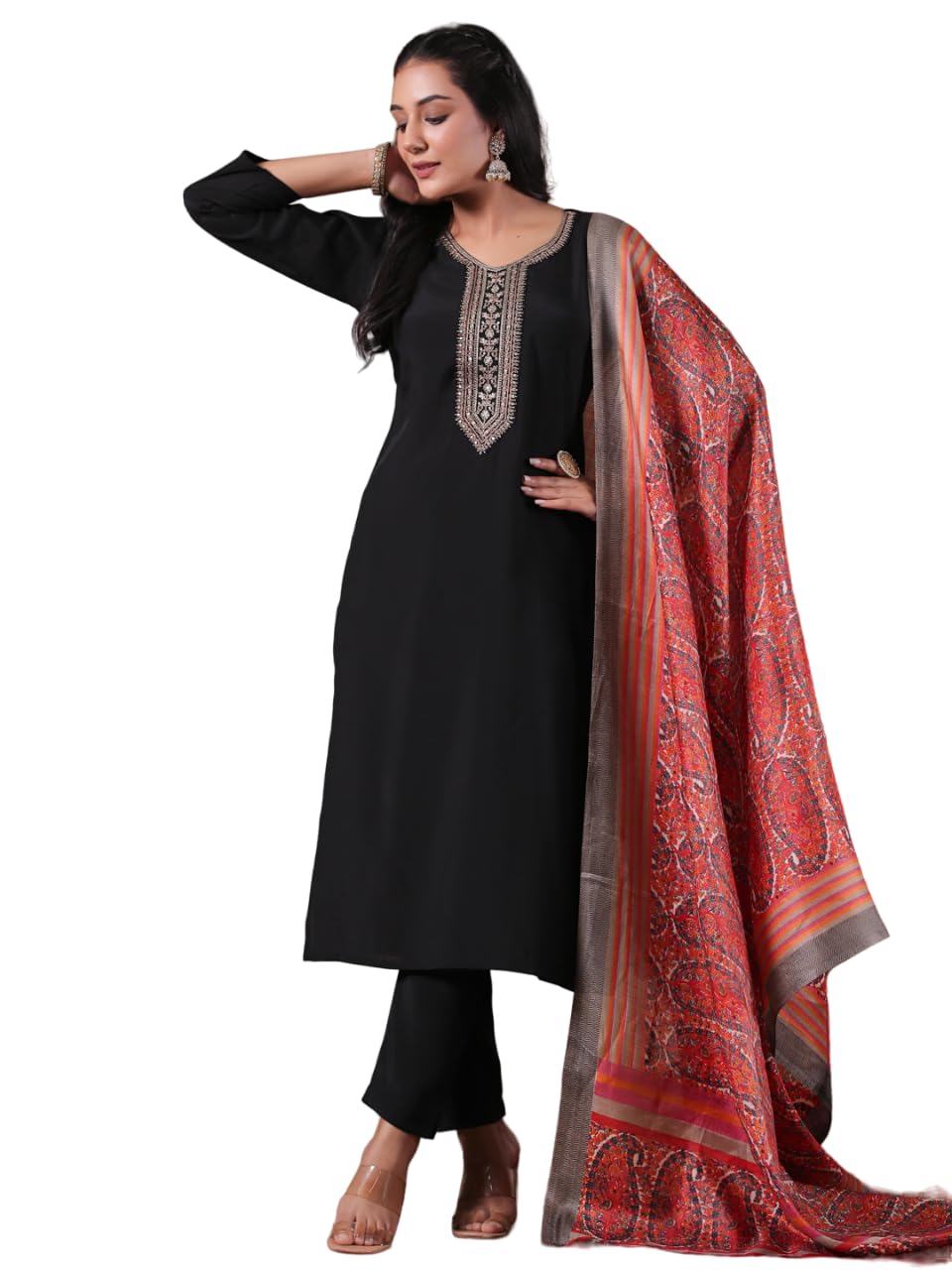 Ishin Women's Poly Silk Yoke Design Zari Work Black Straight Kurta Suit Set With Trousers And Dupatta