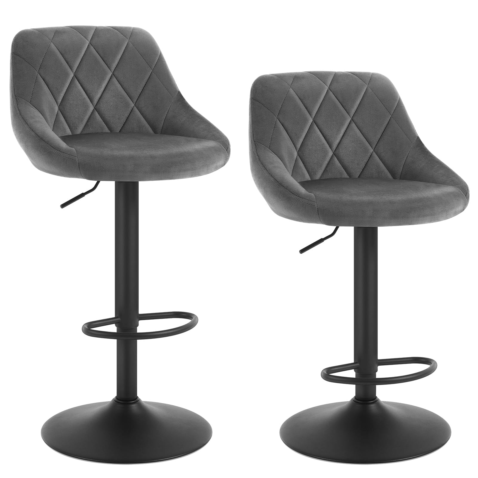 WOLTU Bar Stools Set of 2, Breakfast Bar Chairs Swivel Dining Stools, Height Adjustable Kitchen Island Barstools, Dark Grey Velvet Upholstery, Metal Footrest & Base