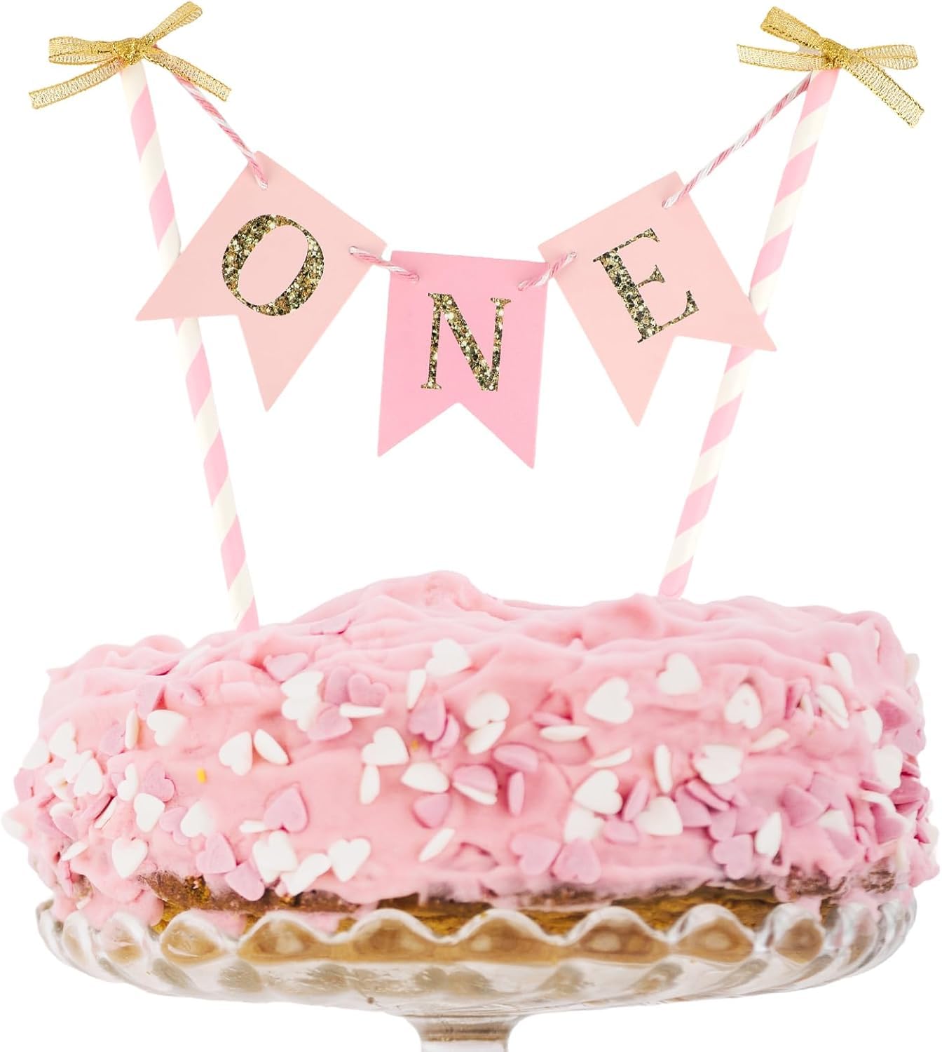 1st Birthday Cake Topper for Girl - Pink Bow with Gold Accents, Non-Toxic Number One Cake Decorations for Baby's First Birthday Party