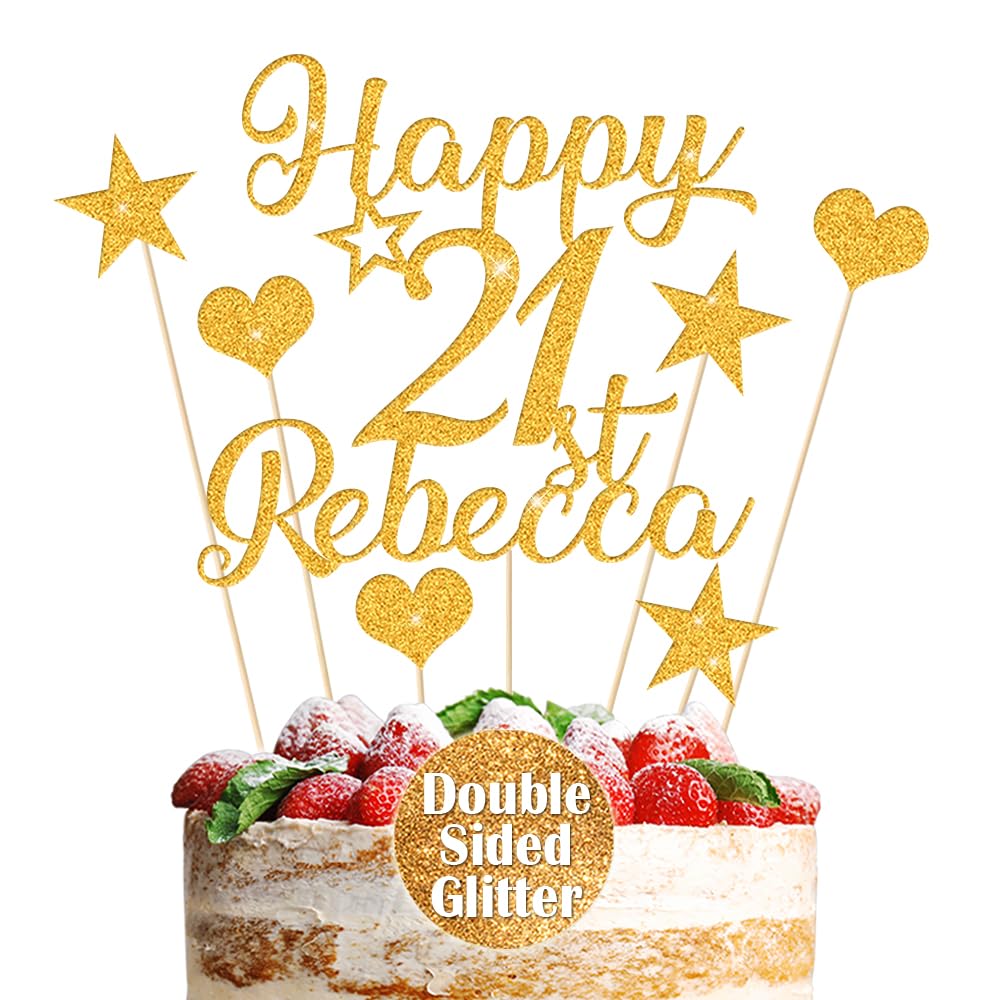 Personalised Cake Topper Custom Multicoloured Non-Shed Double Sided Glitter Cake Decoration Happy Birthday Cake Topper with Any Name Any Age 13th 21st 30th 50th (Gold)