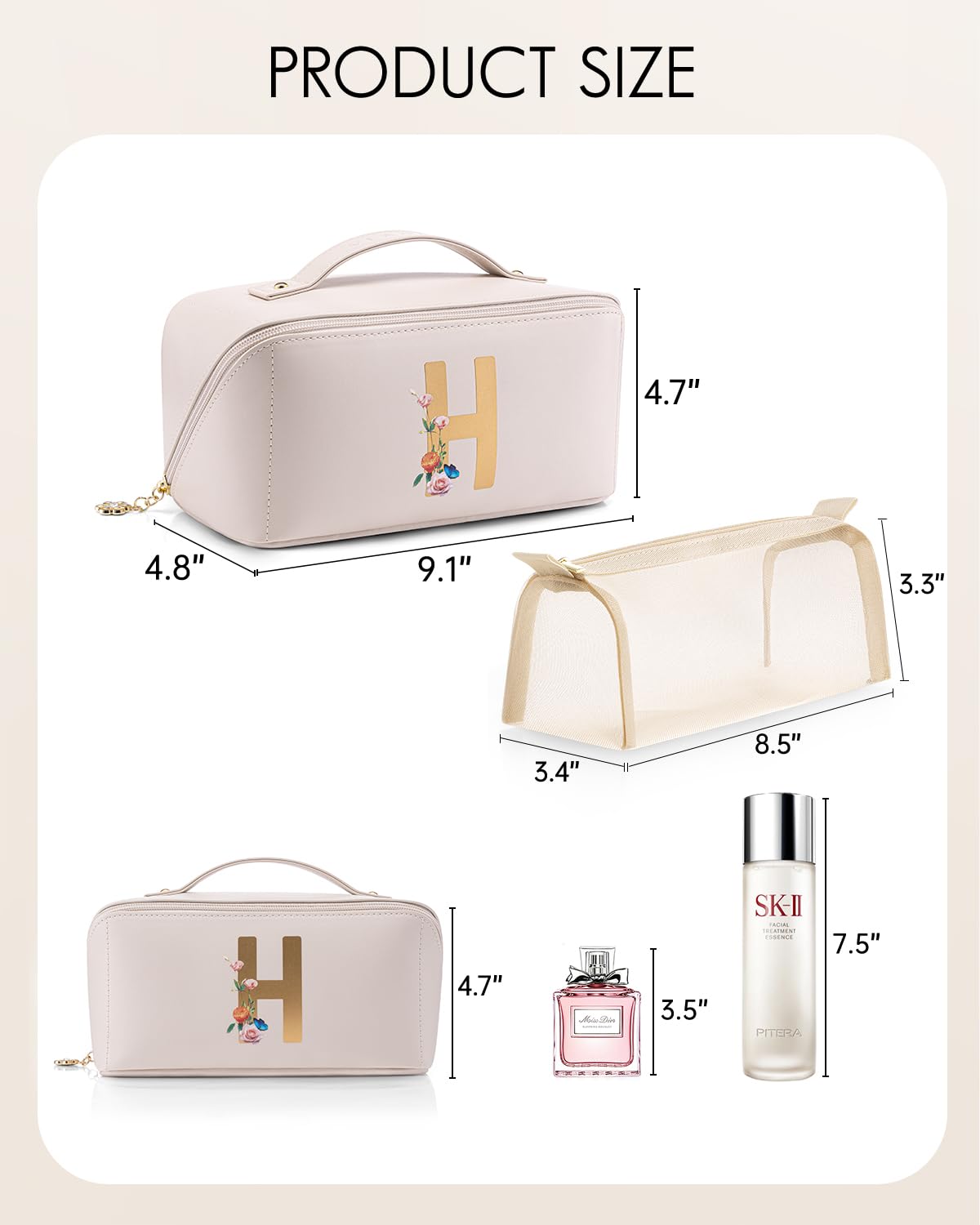 VLANDO Reise-Make-up-Tasche, Kulturbeutel für Damen, PU-Leder, offen, flach, Make-up-Tasche, 14. Weiß-H, 23,1 x 12,2 x 11,9 cm