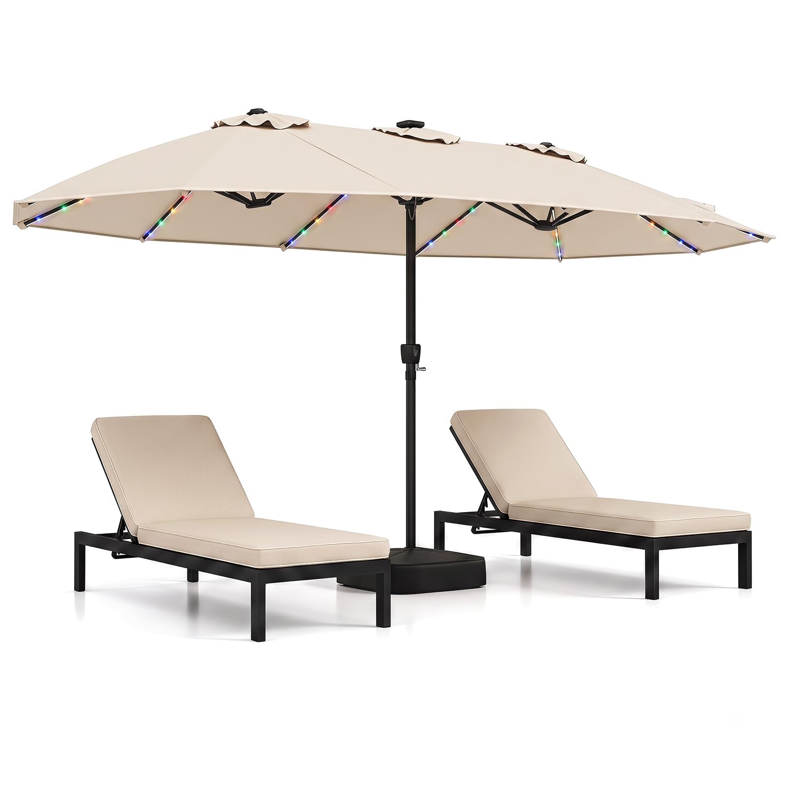 COSTWAY 4m/4.7m Double Sided Garden Parasol, Extra Large Outdoor Sun Umbrella with Solar LED Lights, Crank Handle & Heavy Duty Base, Waterproof Market Canopy Shelter for Patio, Lawn (Beige, 4.7m)