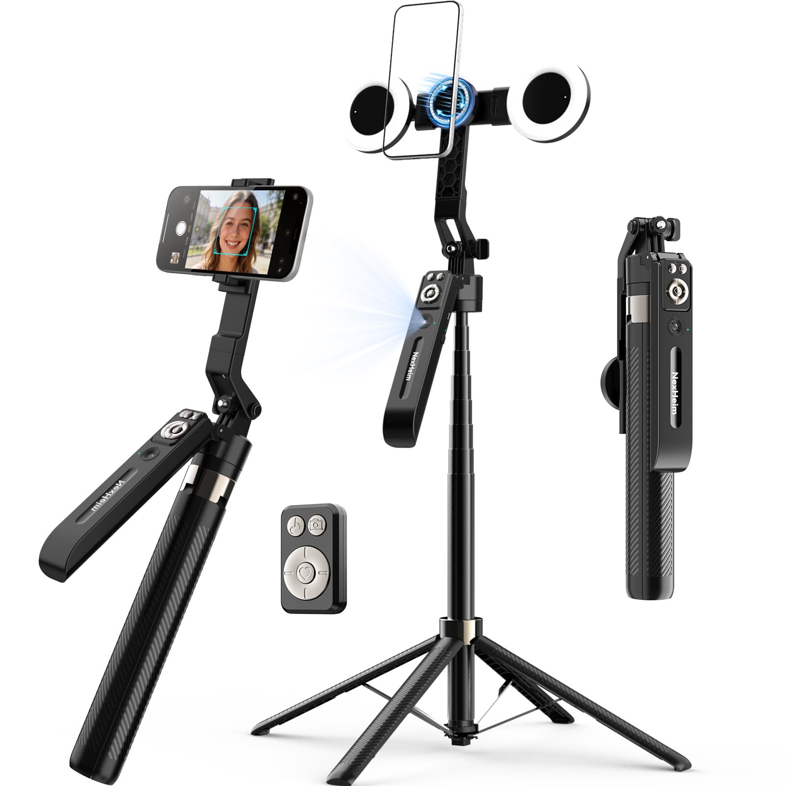 KI - Trípode para teléfono móvil con rastreo, palo selfie de 180 cm y trípode para smartphone, soporte magnético y de sujeción para teléfono móvil, seguimiento automático, seguimiento facial