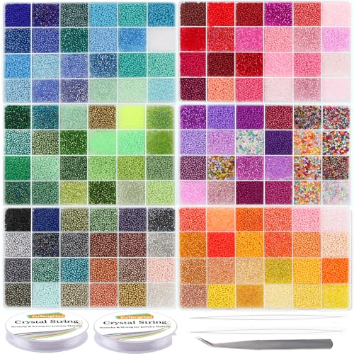 EuTengHao 57600pcs 2mm Glass Seed Beads Small Craft Beads for DIY Bracelet Necklaces Crafting Jewelry Making Supplies with Beading Needles Elastic Strings (144 Colors 400Pcs Per Color)