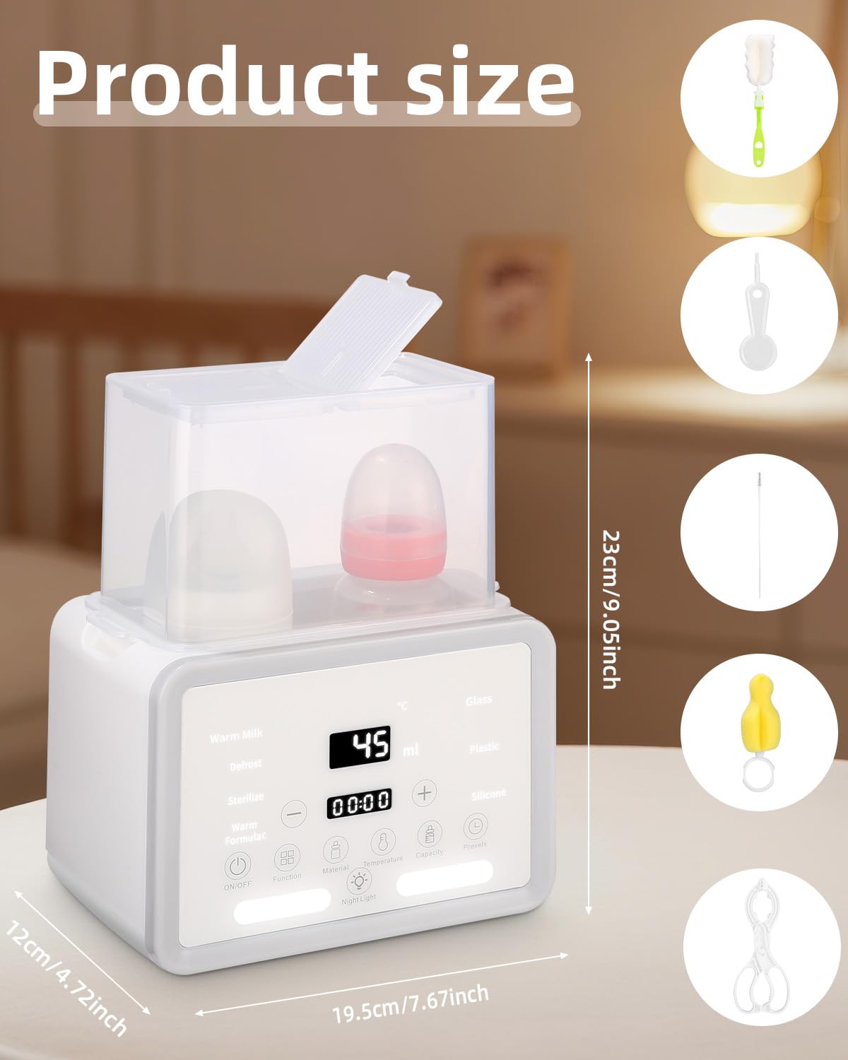 Sterilizzatore per biberon per biberon 8 in 1Fast riscaldamento alimenti per bambini, 2 bottiglie contemporaneamente, sterilizzatore a vapore regolabile per biberon con display LCD
