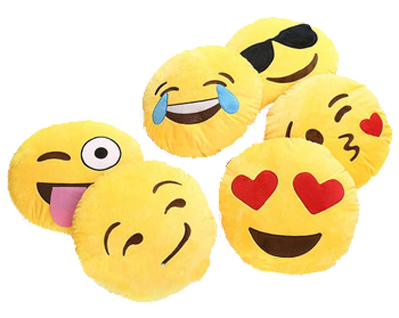 Plush Emoji Pillow Soft Round Elation,Laugh,Cool,Loving,Kiss,Crazy Cushion, Pack of 6 (Yellow, 11x11 inches)