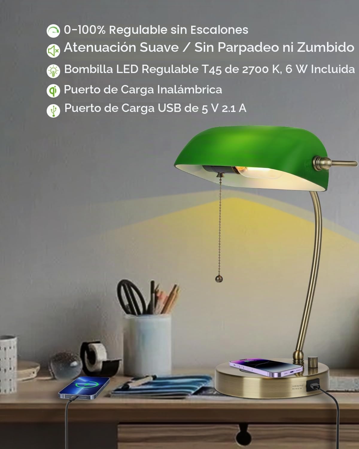 Lámpara de escritorio de banqueros de verde regulable continua | cargador inalámbrico, puerto de carga USB para oficina en casa, bombilla LED incluida