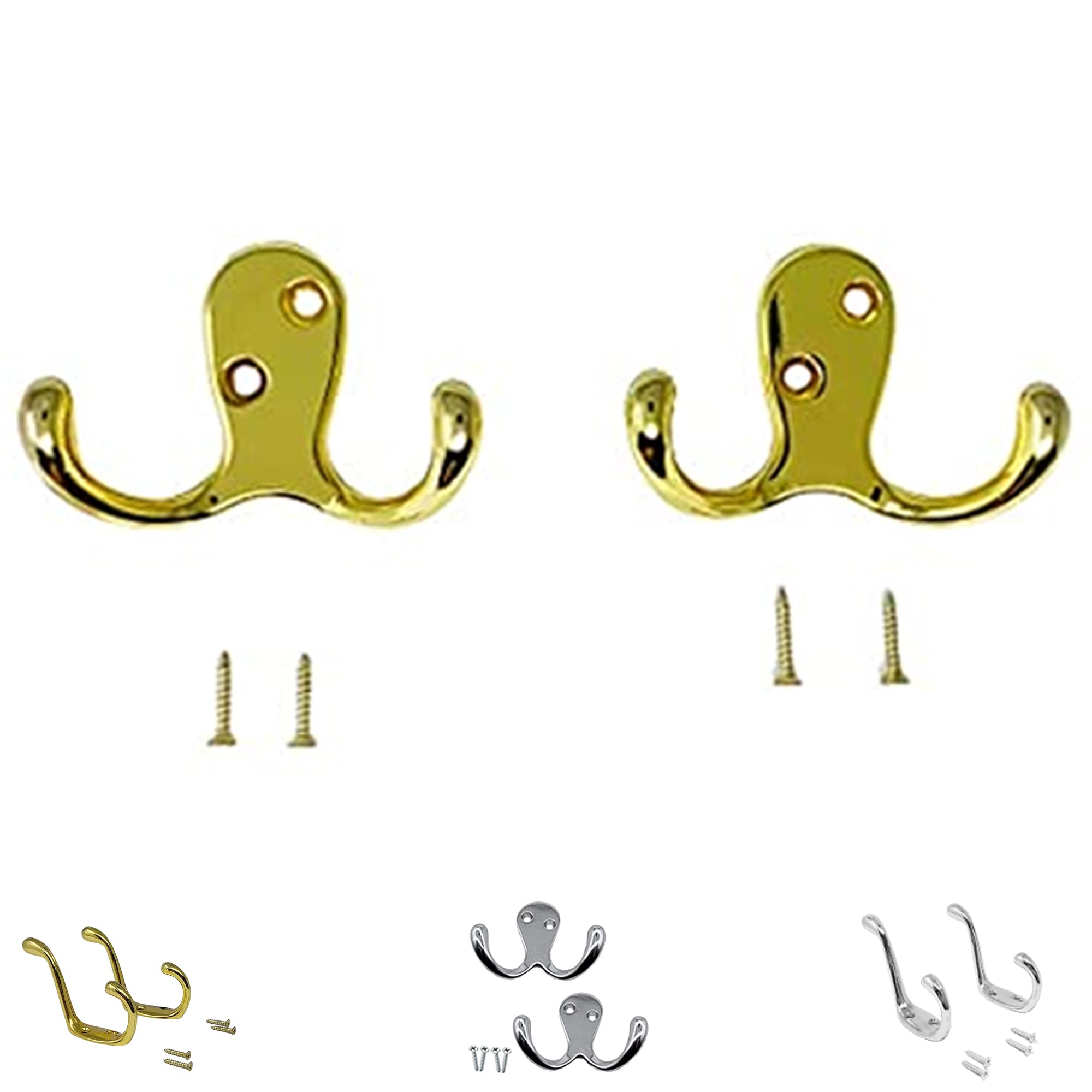 plastific Twin Robe Hooks Wall Mounted Brass Coat & Towel Hangers with Screws for Bathroom Bedroom Kitchen Wardrobe Cupboard (Pack of 2)