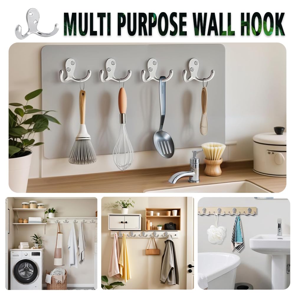 Confezione da 6 ganci appendiabiti da parete, resistenti, in metallo, a doppia punta, per soggiorno, bagno, cucina, camera da letto, per cappotti, borse, sciarpe, asciugamani, cappelli, chiavi, tazze