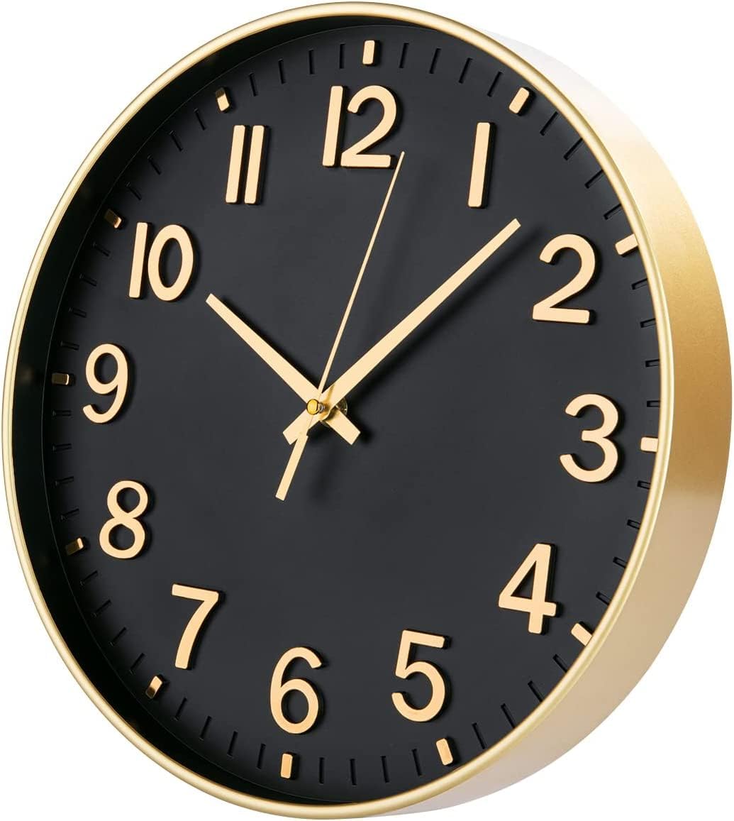 pyluae Wall Clock Gold black Non-Ticking Silent Battery Operated 12inch Quartz 3D big Numbers wall clock- Kitchen Bedroom Living Room Office Classroom home Decor