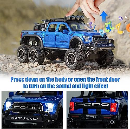 Image of ARNIYAVALA Toy Pickup Trucks for Boys F150 Raptor Diecast Metal Model Car with Sound&Light for Kids Age 3 Year&Up Blue