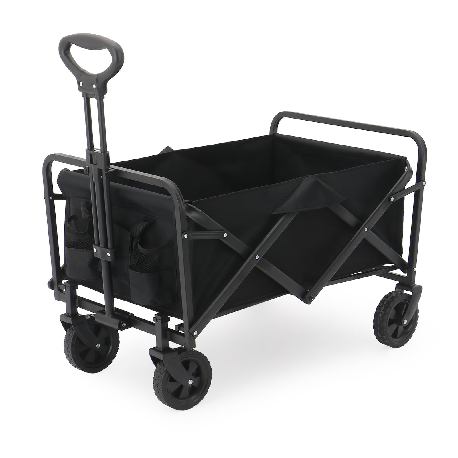Collapsible Folding Wagon Cart, Beach Wagon Cart, Heavy Duty with Universal Wheels & Adjustable Handle, with 200lbs Weight,for Camping, Shopping, Sports, Garden and Beach,Black