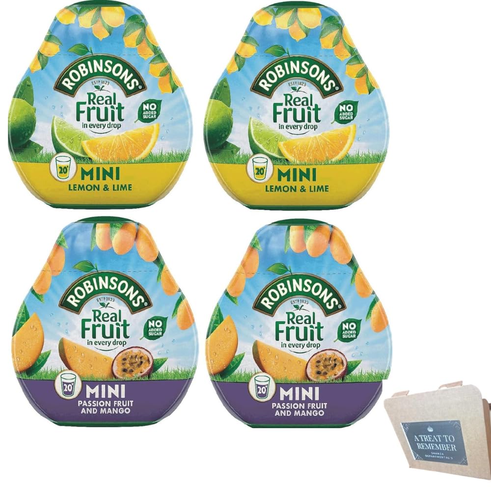 Robinsons Squash’d Mini Squash’d – 2 Flavour Pack – 2 x Lemon & Lime and 2x Mango & Passion Fruit – No Added Sugar – Real Fruit in Every Drop