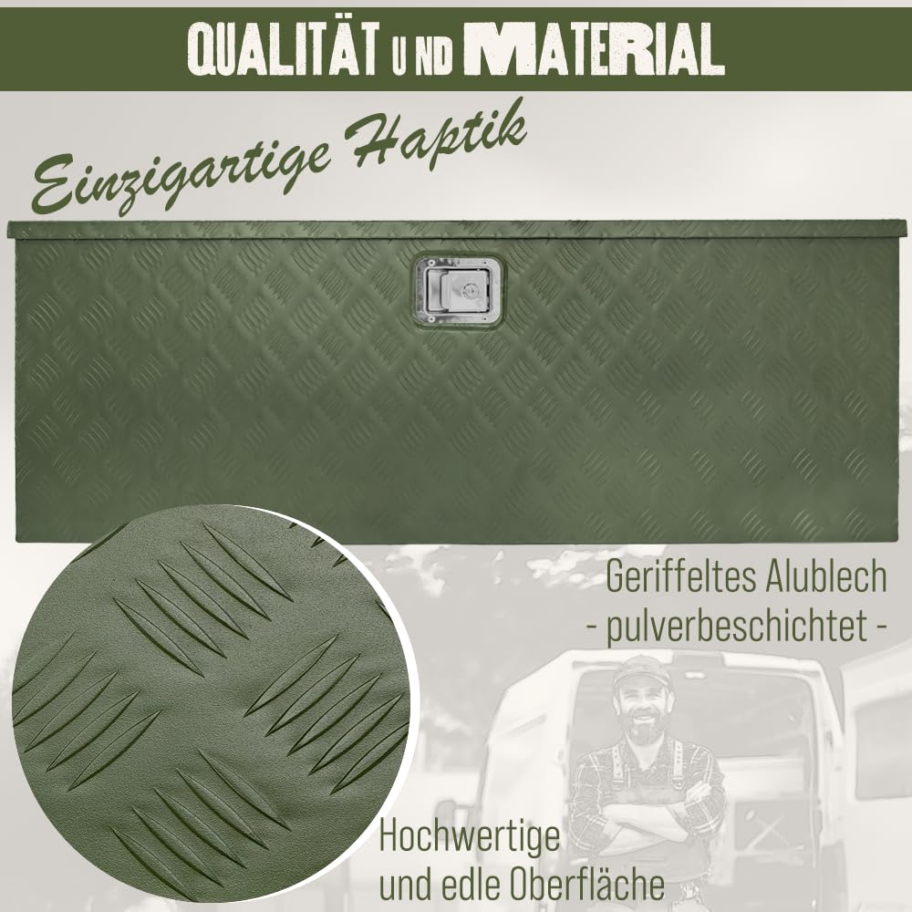 Trucky Deichselbox Grün Werkzeugkasten Truckbox Alu Box Anhänger Kiste mit Deckel Abschließbar Alubox Transportbox Werkzeugbox Aluminium Aufbewahrungsbox D210